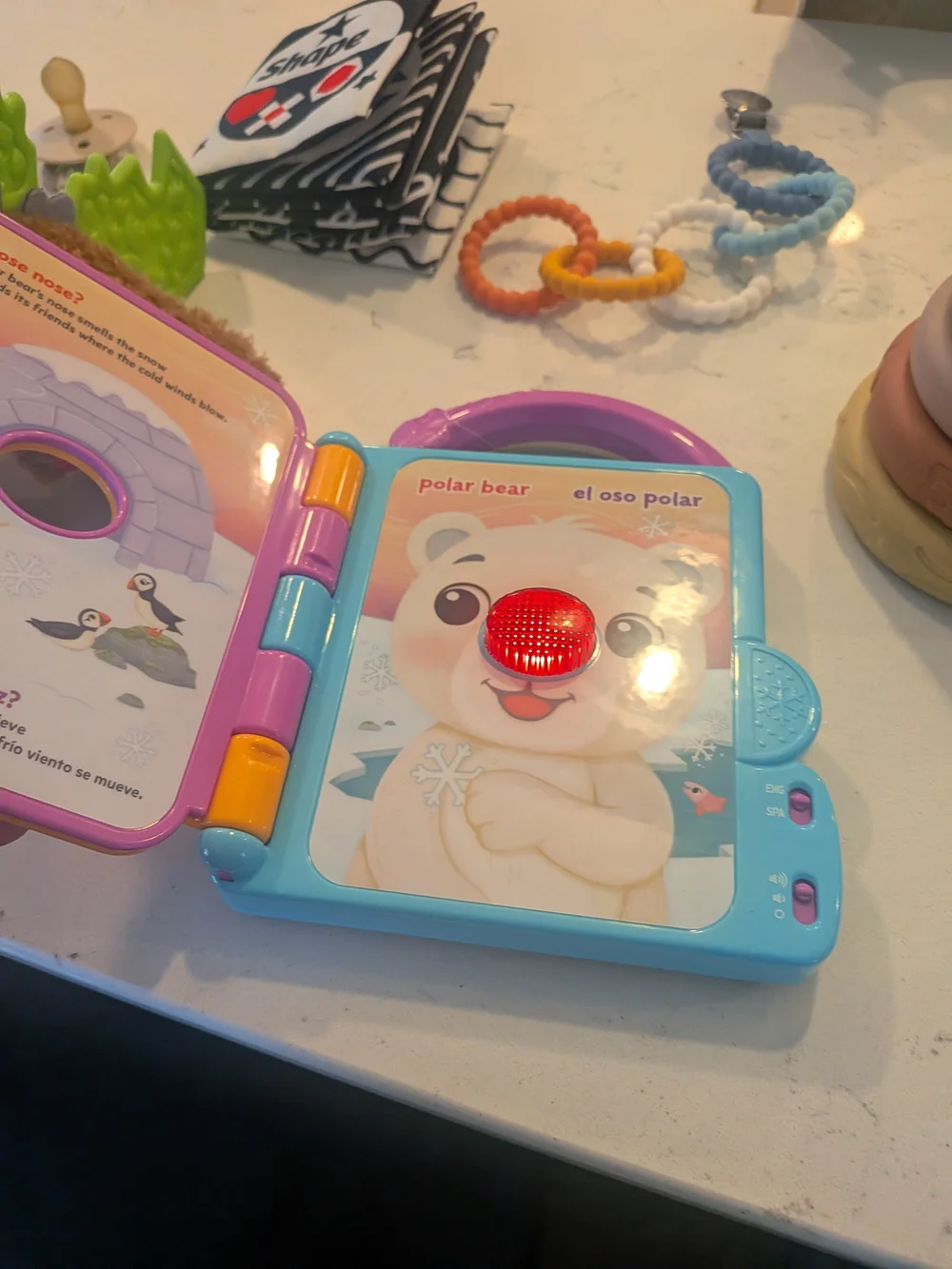 6-12 Months Baby Toy Bundle - Sensory Toys, Button book, Lamaze Moose Bibs paci